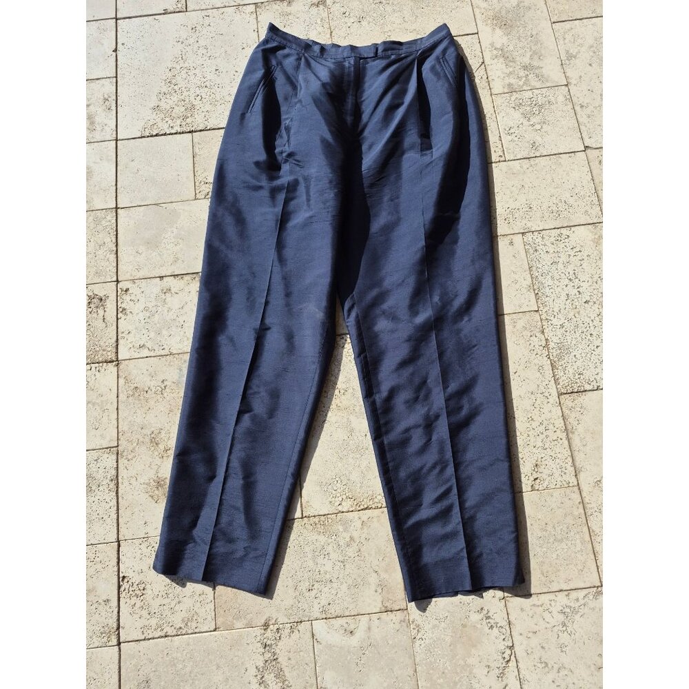 Rena Rowan Silk Blend Tailored Trouser Pants Navy Blue Elegant Classic Design